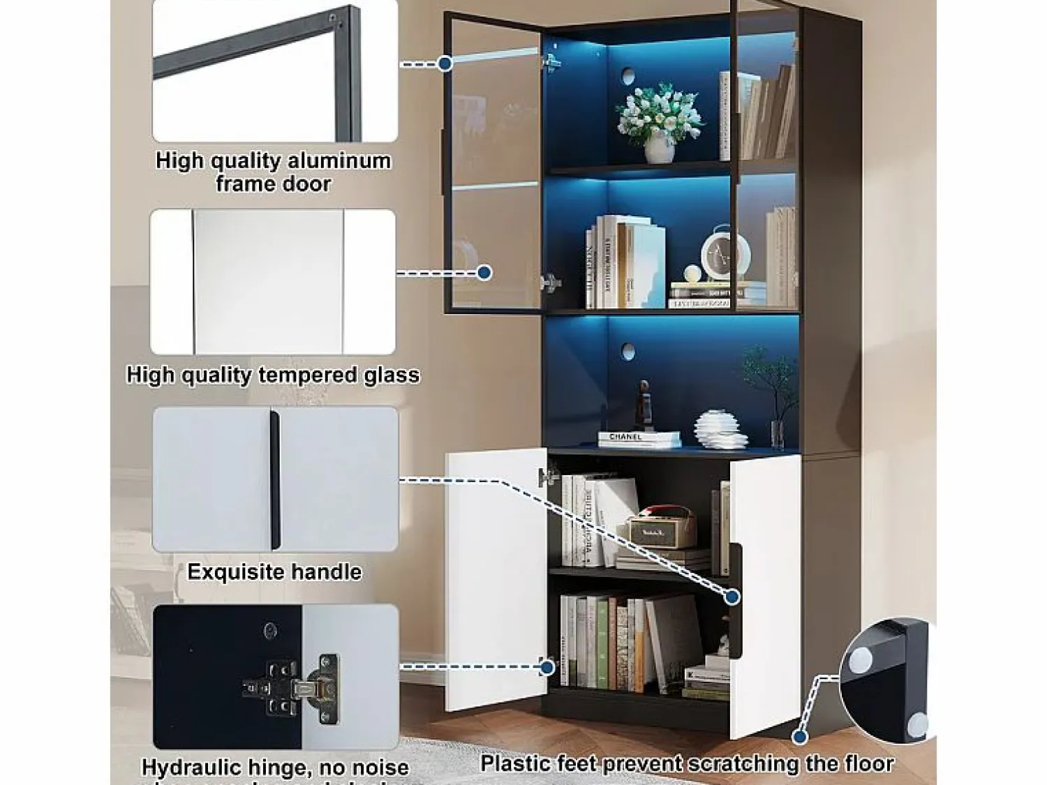 Best Vitrina con LED - 4 Puertas + 1 Hueco - Antivuelco - Color y Brillo Ajustable 80x30x200cm Vitrina