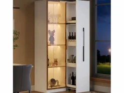 Clearance Vitrina con LED 70x40x160 cm - 1 puerta de vidrio y 1 cajón lateral deslizante - Ruedas - MDF + vidrio - Vitrina