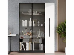 Sale Merax Vitrina con puerta de cristal - 110,5 x 35 x 160 cm - con LED y cajón lateral - MDF - negro y Blanco