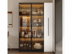 Sale Merax Vitrina con puerta de cristal - 110,5 x 35 x 160 cm - con LED y cajón lateral - MDF - negro y Blanco