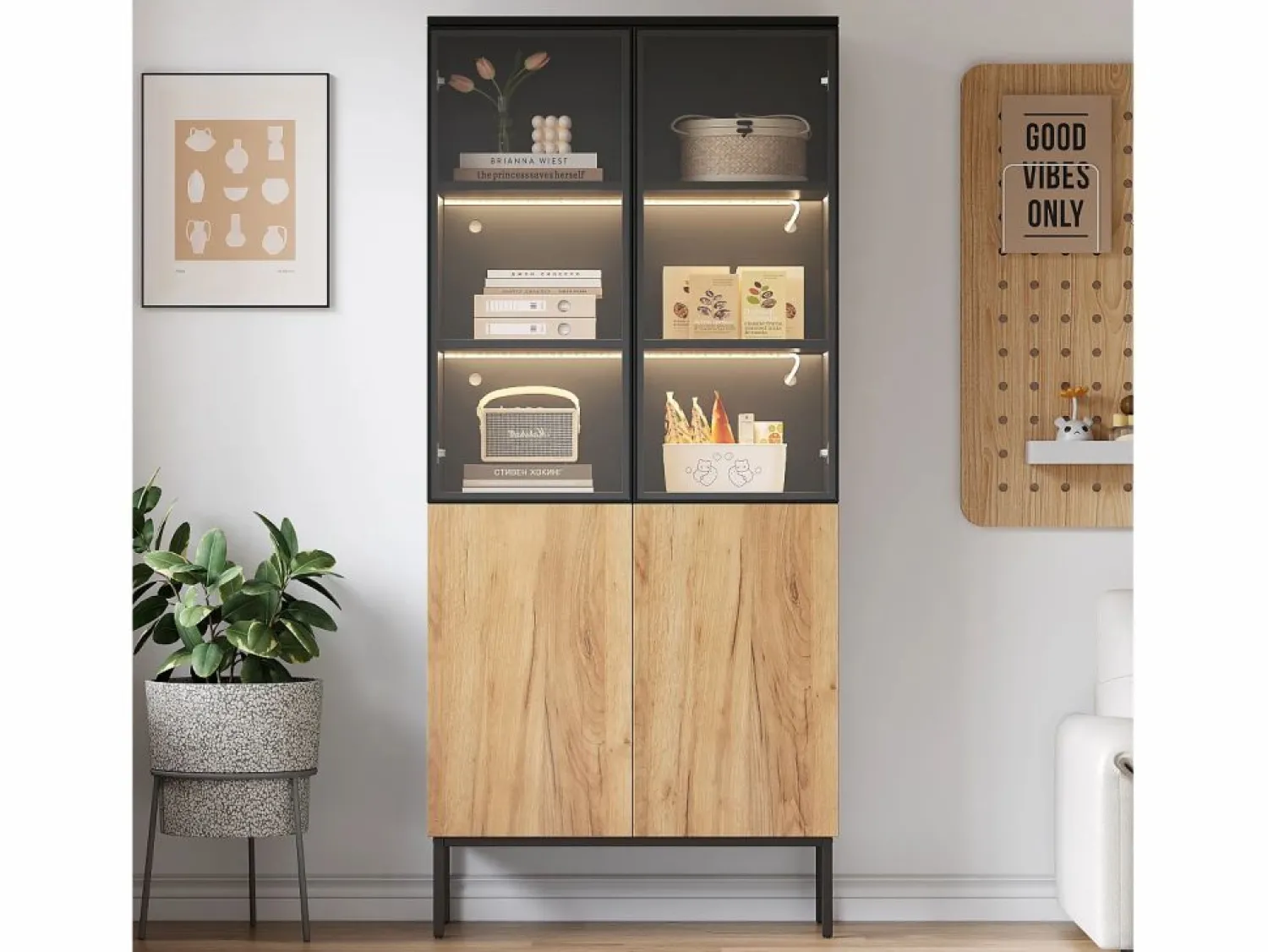 New Vitrina con puertas de cristal, 180 cm, con LED, estantes regulables, MDF, y roble (74x31x180 cm) Vitrina