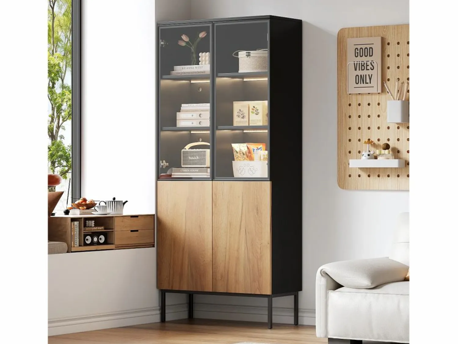 New Vitrina con puertas de cristal, 180 cm, con LED, estantes regulables, MDF, y roble (74x31x180 cm) Vitrina