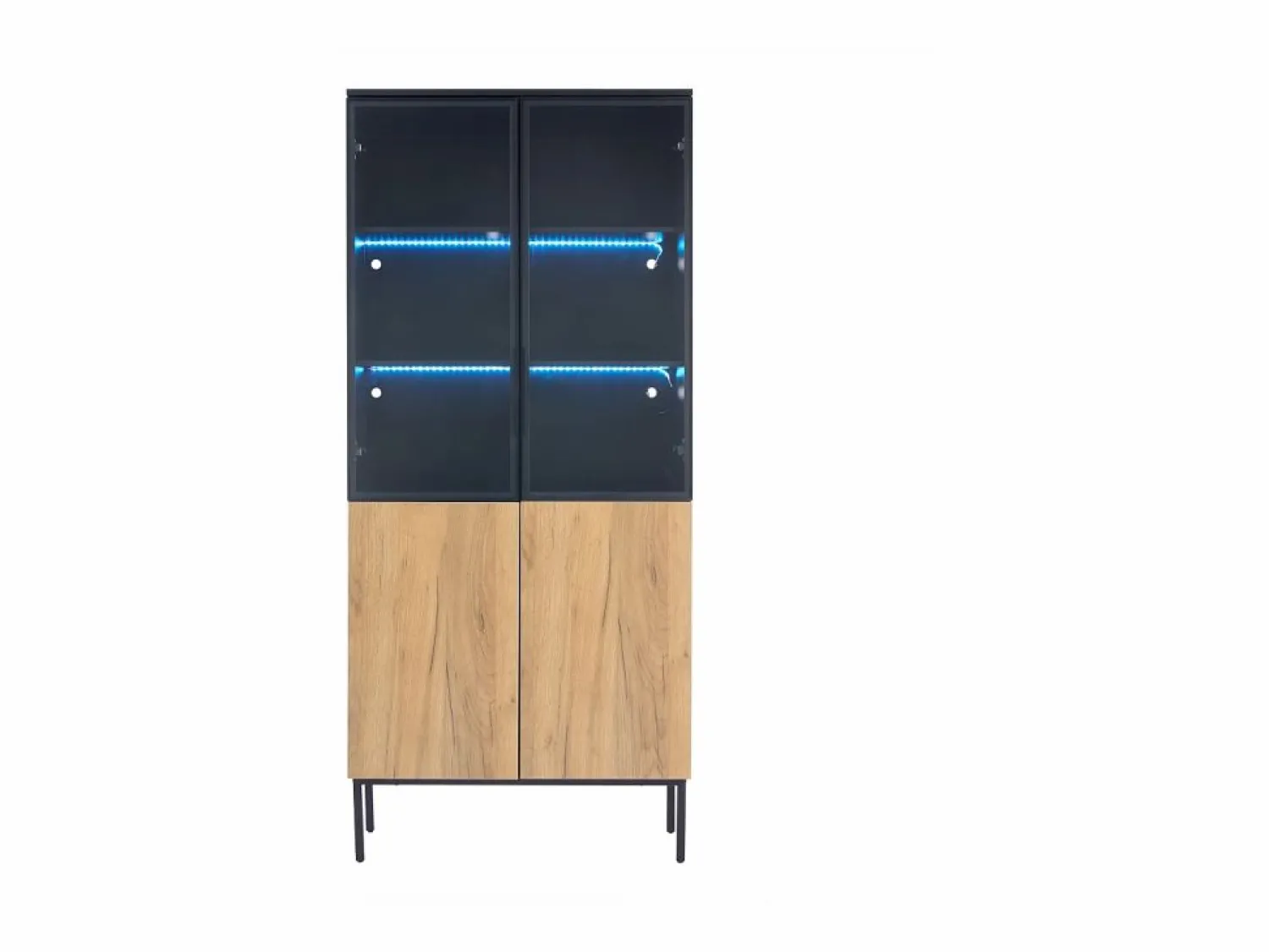 New Vitrina con puertas de cristal, 180 cm, con LED, estantes regulables, MDF, y roble (74x31x180 cm) Vitrina