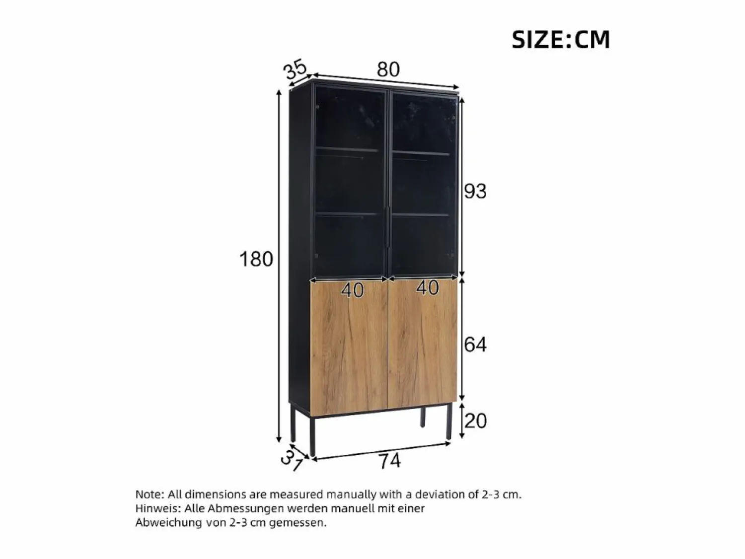 New Vitrina con puertas de cristal, 180 cm, con LED, estantes regulables, MDF, y roble (74x31x180 cm) Vitrina