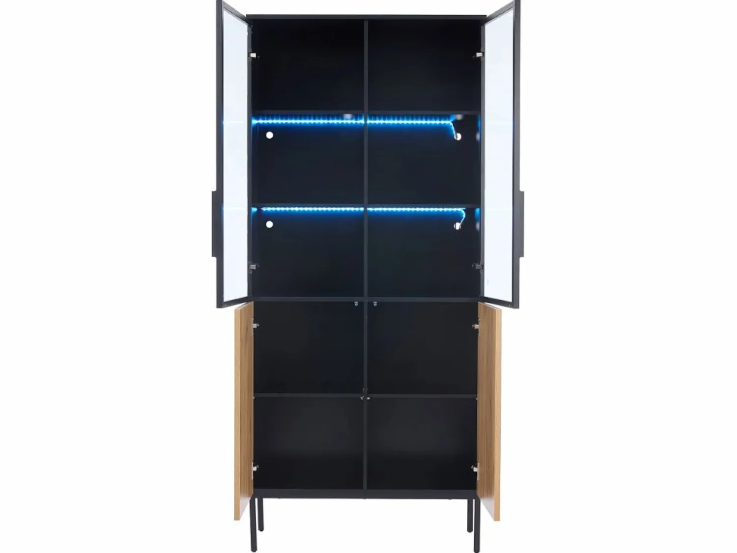 New Vitrina con puertas de cristal, 180 cm, con LED, estantes regulables, MDF, y roble (74x31x180 cm) Vitrina