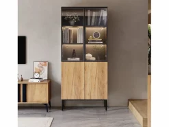 New Vitrina con puertas de cristal, 180 cm, con LED, estantes regulables, MDF, y roble (74x31x180 cm) Vitrina