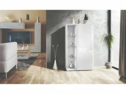 Outlet Vitrina Davos, vitrina independiente con 3 estantes de cristal y 8 compartimentos, mate/ de alto brillo (71,5 x 134 x 35 cm) Vitrina