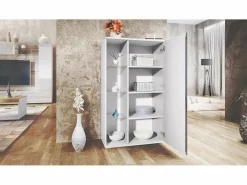 Outlet Vitrina Davos, vitrina independiente con 3 estantes de cristal y 8 compartimentos, mate/ de alto brillo (71,5 x 134 x 35 cm) Vitrina