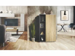 Hot Vitrina Davos, vitrina independiente con 3 estantes de cristal y 8 compartimentos, antracita mate/roble natural (71,5 x 134 x 35 cm) Color natural claro