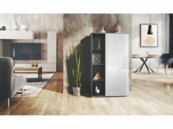 Vitrina Davos, vitrina independiente con 3 estantes de cristal y 8 compartimentos, antracita mate/ de alto brillo (71,5 x 134 x 35 cm)