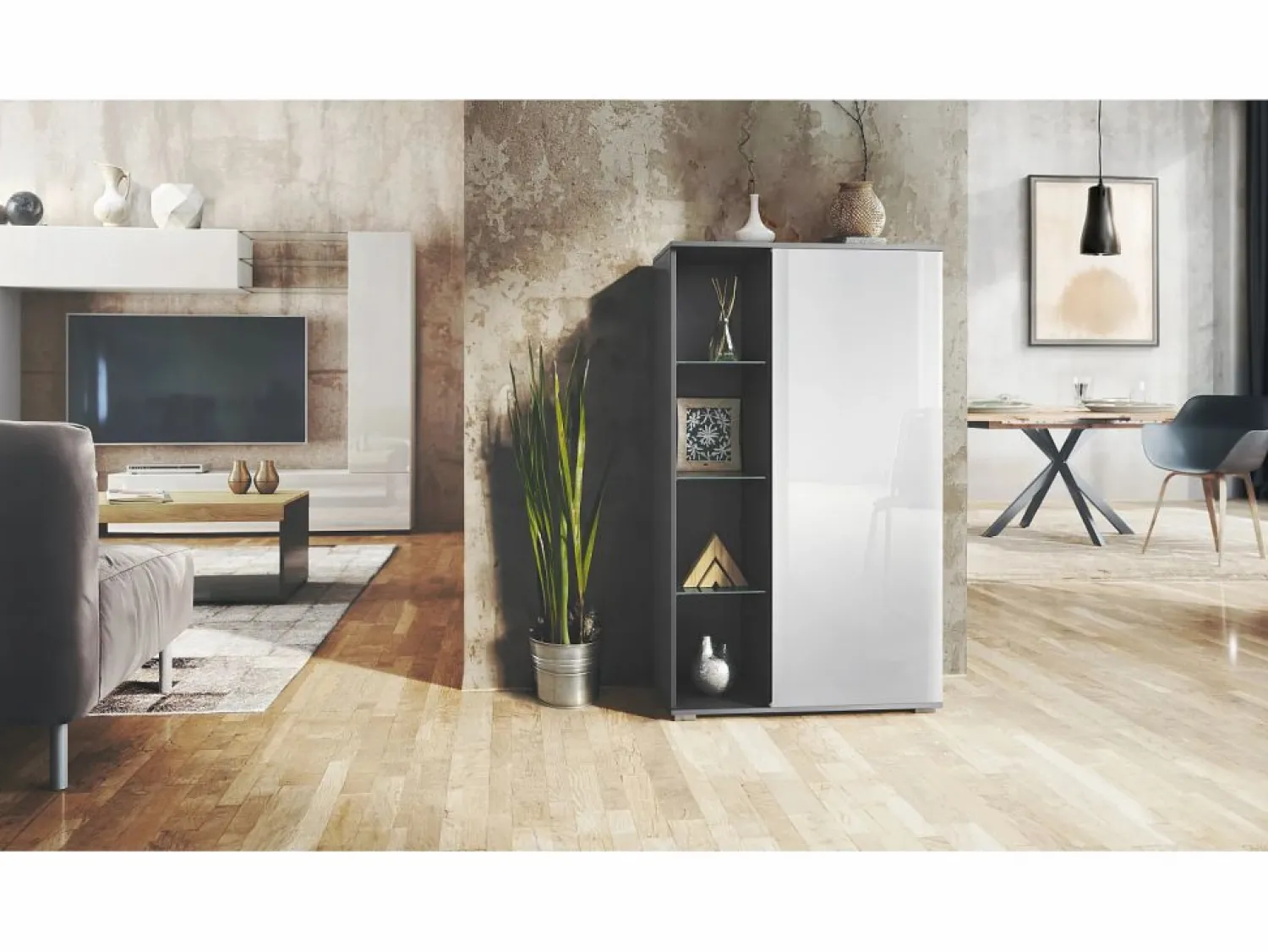 Vitrina Davos, vitrina independiente con 3 estantes de cristal y 8 compartimentos, antracita mate/ de alto brillo (71,5 x 134 x 35 cm)