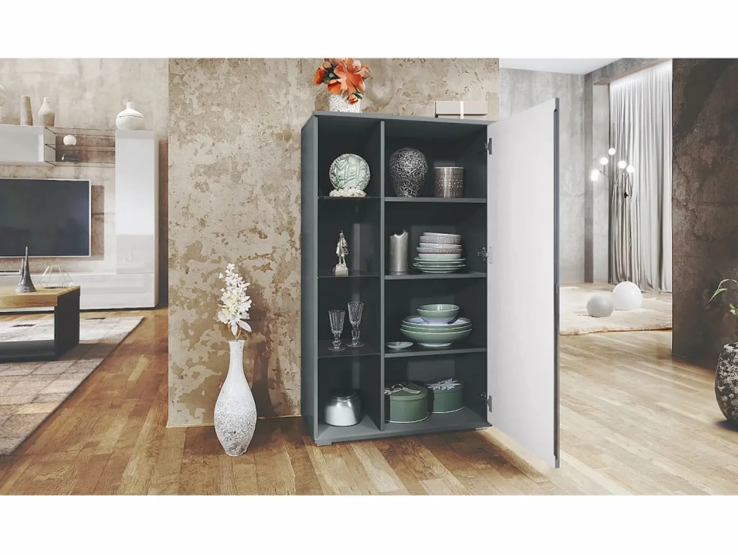 Vitrina Davos, vitrina independiente con 3 estantes de cristal y 8 compartimentos, antracita mate/ de alto brillo (71,5 x 134 x 35 cm)