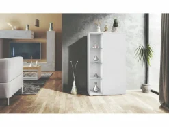 Vitrina Davos, vitrina independiente con 3 estantes de cristal y 8 compartimentos, mate/ mate (71,5 x 134 x 35 cm)