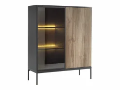 Hot Vitrina de 2 puertas con LED en MDF y vidrio ahumado - Natural y Negro - OVILA Vitrina