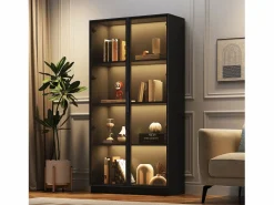 Clearance Merax Vitrina de cristal - 80 x 40 x 160 cm - con LED + 2 puertas con estantes móviles - aglomerado - Negro