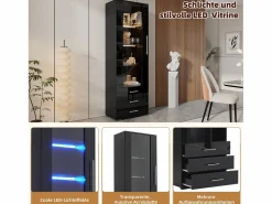 Merax Vitrina de cristal brillante - 60 x 180 x 35 cm - con LED - Vitrina vertical con 3 cajones - MDF - Negro