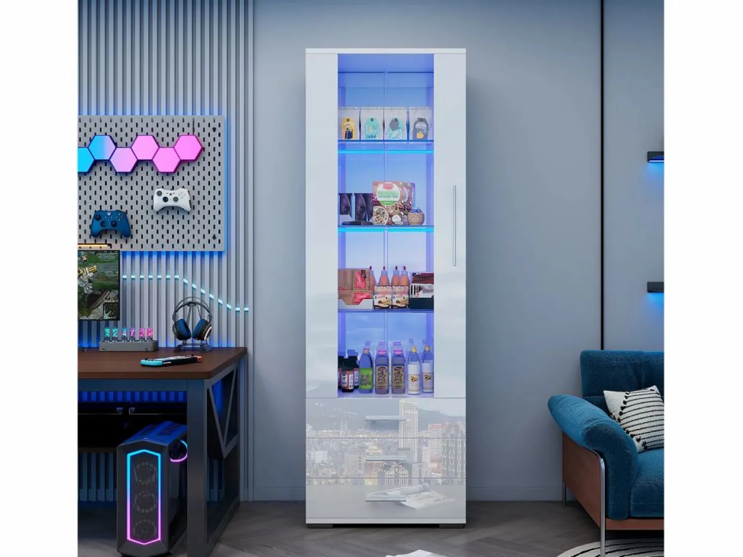 Vitrina de cristal brillante - 60 x 180 x 35 cm - con LED - Vitrina vertical con 3 cajones - MDF - Vitrina