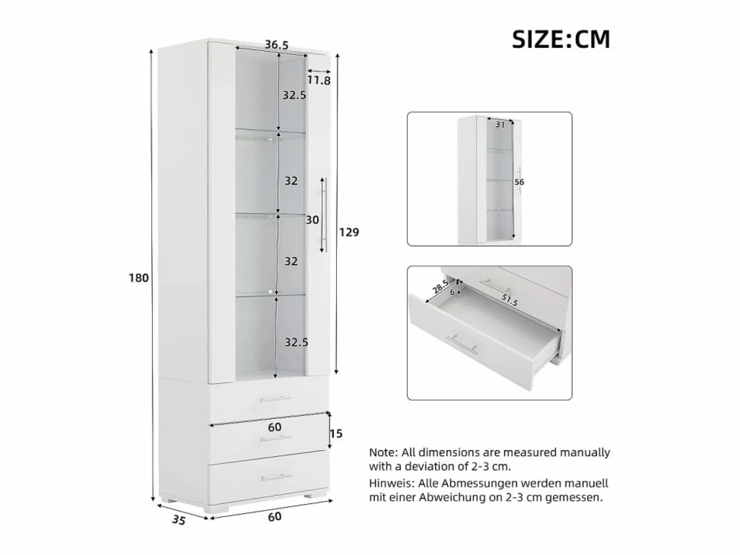 Vitrina de cristal brillante - 60 x 180 x 35 cm - con LED - Vitrina vertical con 3 cajones - MDF - Vitrina