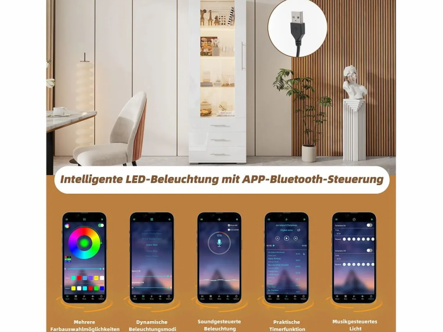 Vitrina de cristal brillante - 60 x 180 x 35 cm - con LED - Vitrina vertical con 3 cajones - MDF - Vitrina