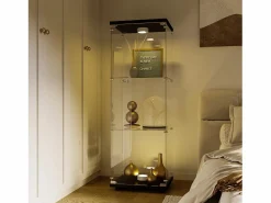 Vitrina de cristal 42×36×125cm GARHELPER - 3 estantes - 1 puerta - Cristal templado - Luz LED - Blanco