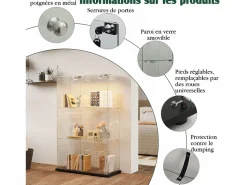 Vitrina de cristal con 4 estantes y puerta doble, vitrina para sala de estar