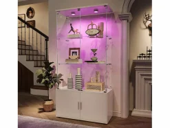 Online Vitrina de cristal de 3 estantes con gabinetes e iluminación LED – Diseño moderno Blanco