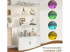 Online Vitrina de cristal de 3 estantes con gabinetes e iluminación LED – Diseño moderno Blanco