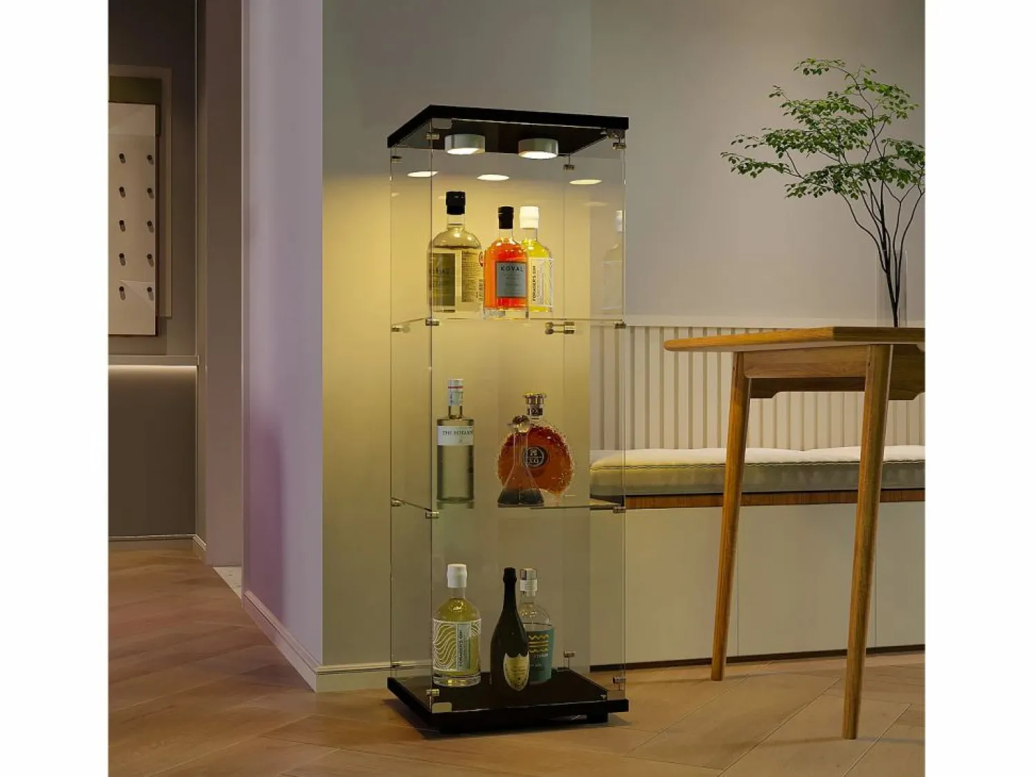 New Vitrina de cristal de pie, 125 cm, con iluminación LED, cerradura, 1 puerta, 3 estantes, transparente, color Vitrina