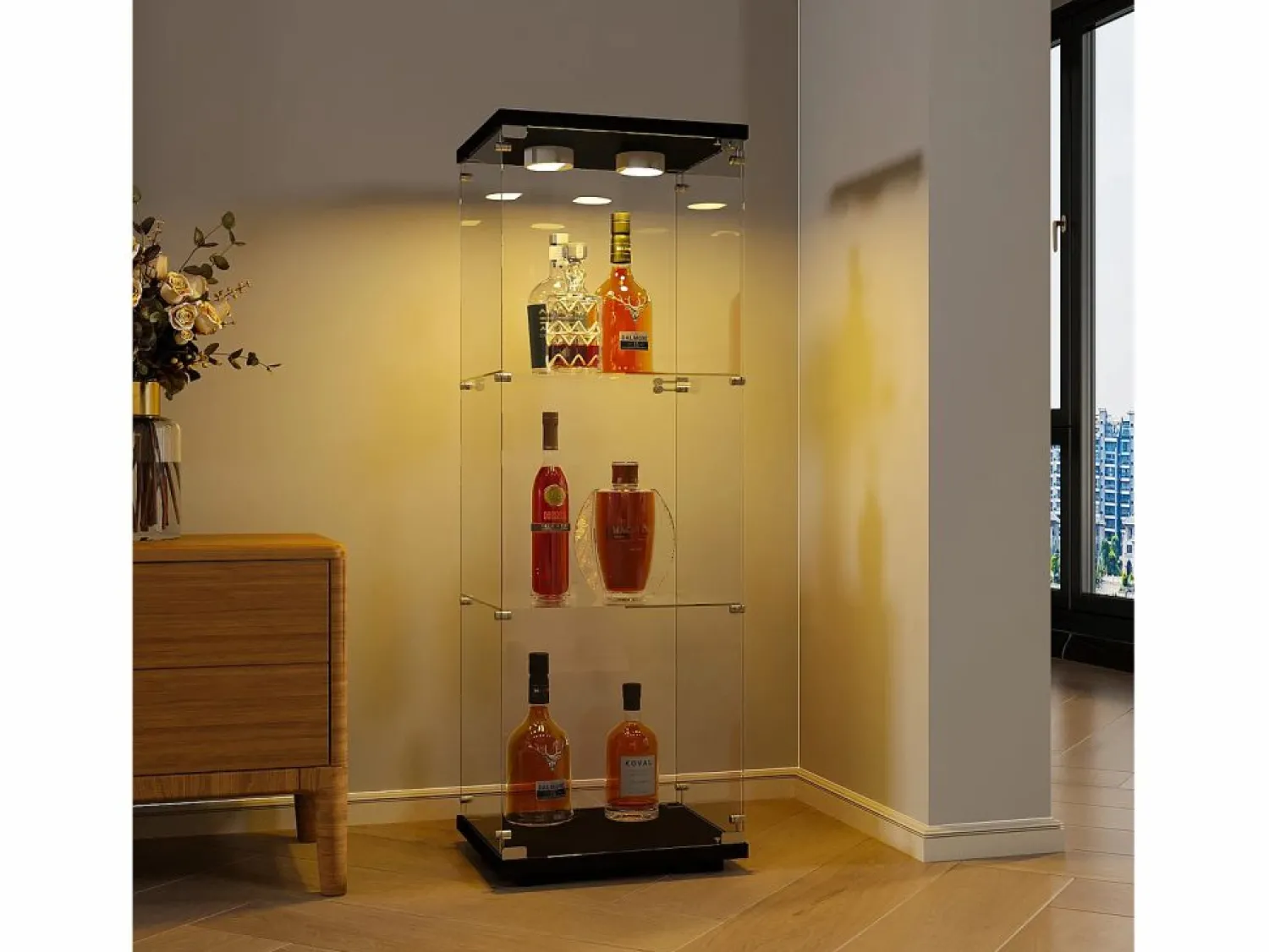 New Vitrina de cristal de pie, 125 cm, con iluminación LED, cerradura, 1 puerta, 3 estantes, transparente, color Vitrina