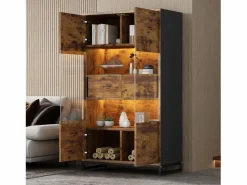 New Vitrina independiente - 80 x 40 x 138 cm - con LEDs + 2 cajones + 2 puertas - MDF - natural Vitrina