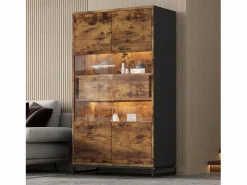 New Vitrina independiente - 80 x 40 x 138 cm - con LEDs + 2 cajones + 2 puertas - MDF - natural Vitrina