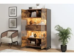 New Vitrina independiente - 80 x 40 x 138 cm - con LEDs + 2 cajones + 2 puertas - MDF - natural Vitrina