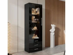 Clearance Vitrina lacada en con puertas de cristal, estante LED, 3 cajones, 60x35x180 cm Negro
