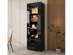 Clearance Vitrina lacada en con puertas de cristal, estante LED, 3 cajones, 60x35x180 cm Negro