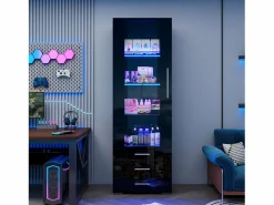 Clearance Vitrina lacada en con puertas de cristal, estante LED, 3 cajones, 60x35x180 cm Negro