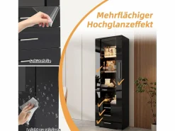 Clearance Vitrina lacada en con puertas de cristal, estante LED, 3 cajones, 60x35x180 cm Negro