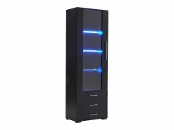 Clearance Vitrina lacada en con puertas de cristal, estante LED, 3 cajones, 60x35x180 cm Negro