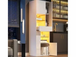 Discount OKWISH Vitrina LED con 1 cajón de almacenamiento, 4 puertas y estantes de cristal - blanca Blanco