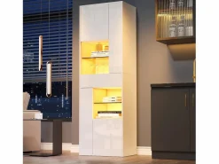 Discount OKWISH Vitrina LED con 1 cajón de almacenamiento, 4 puertas y estantes de cristal - blanca Blanco