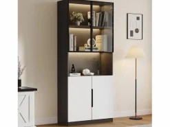 Vitrina LED con 4 puertas y estantes regulables, MDF, y Negro (160x30x200 cm)