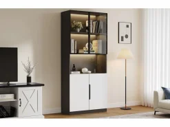 Vitrina LED con 4 puertas y estantes regulables, MDF, y Negro (160x30x200 cm)