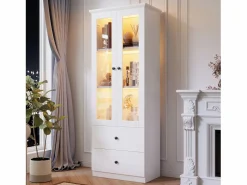 ModernLuxe Vitrina LED moderna 60x35x165 cm - con puerto USB - Mando a distancia 16 colores - con 2 cajones - con 2 puertas de cristal -