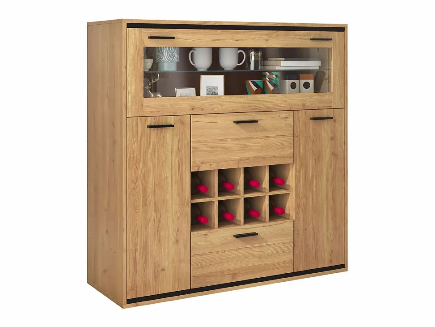 Vitrina moderna con iluminación LED, puertas de cristal, estantes regulables, almacenamiento versátil, MDF, madera + negro (110x38x111 cm)