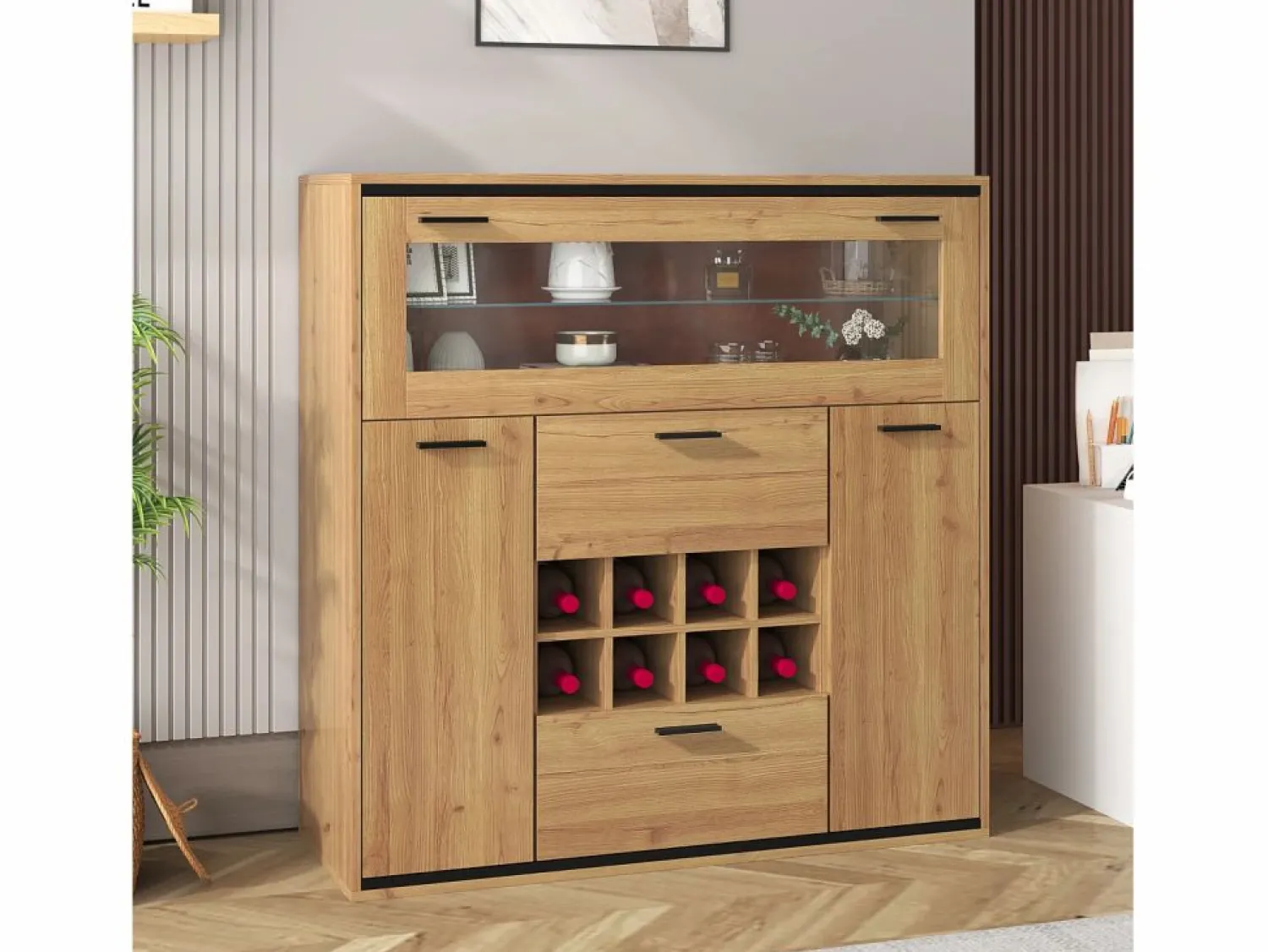 Vitrina moderna con iluminación LED, puertas de cristal, estantes regulables, almacenamiento versátil, MDF, madera + negro (110x38x111 cm)