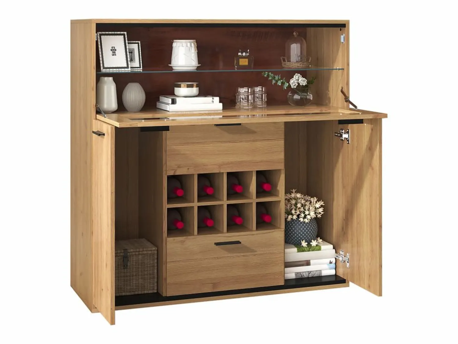 Vitrina moderna con iluminación LED, puertas de cristal, estantes regulables, almacenamiento versátil, MDF, madera + negro (110x38x111 cm)