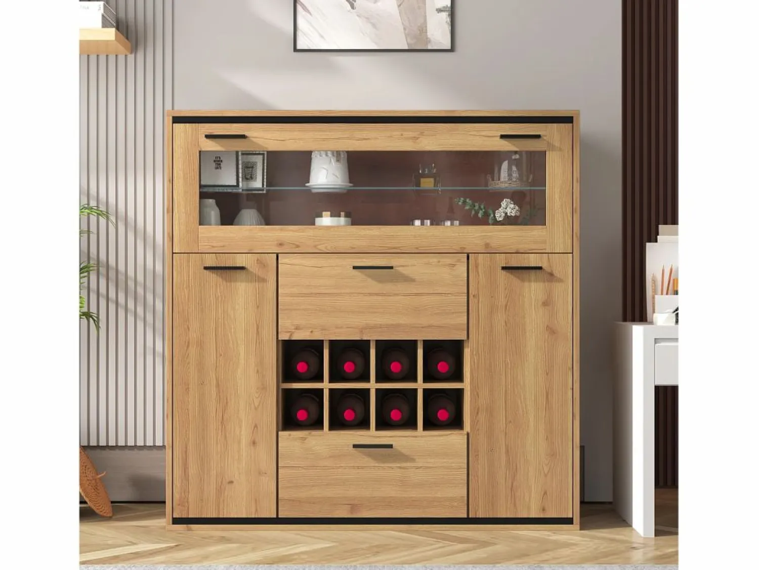 Vitrina moderna con iluminación LED, puertas de cristal, estantes regulables, almacenamiento versátil, MDF, madera + negro (110x38x111 cm)