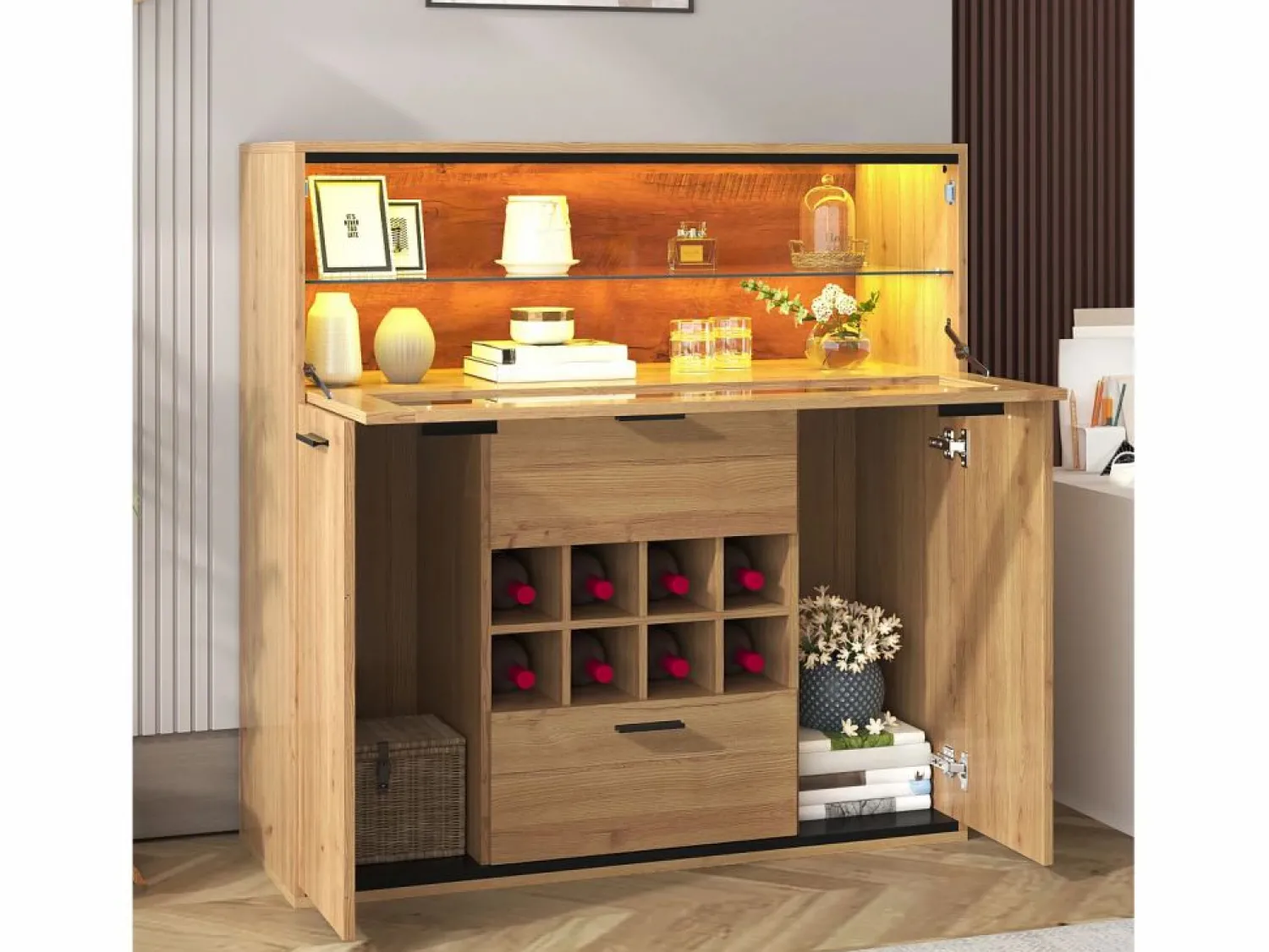 Vitrina moderna con iluminación LED, puertas de cristal, estantes regulables, almacenamiento versátil, MDF, madera + negro (110x38x111 cm)