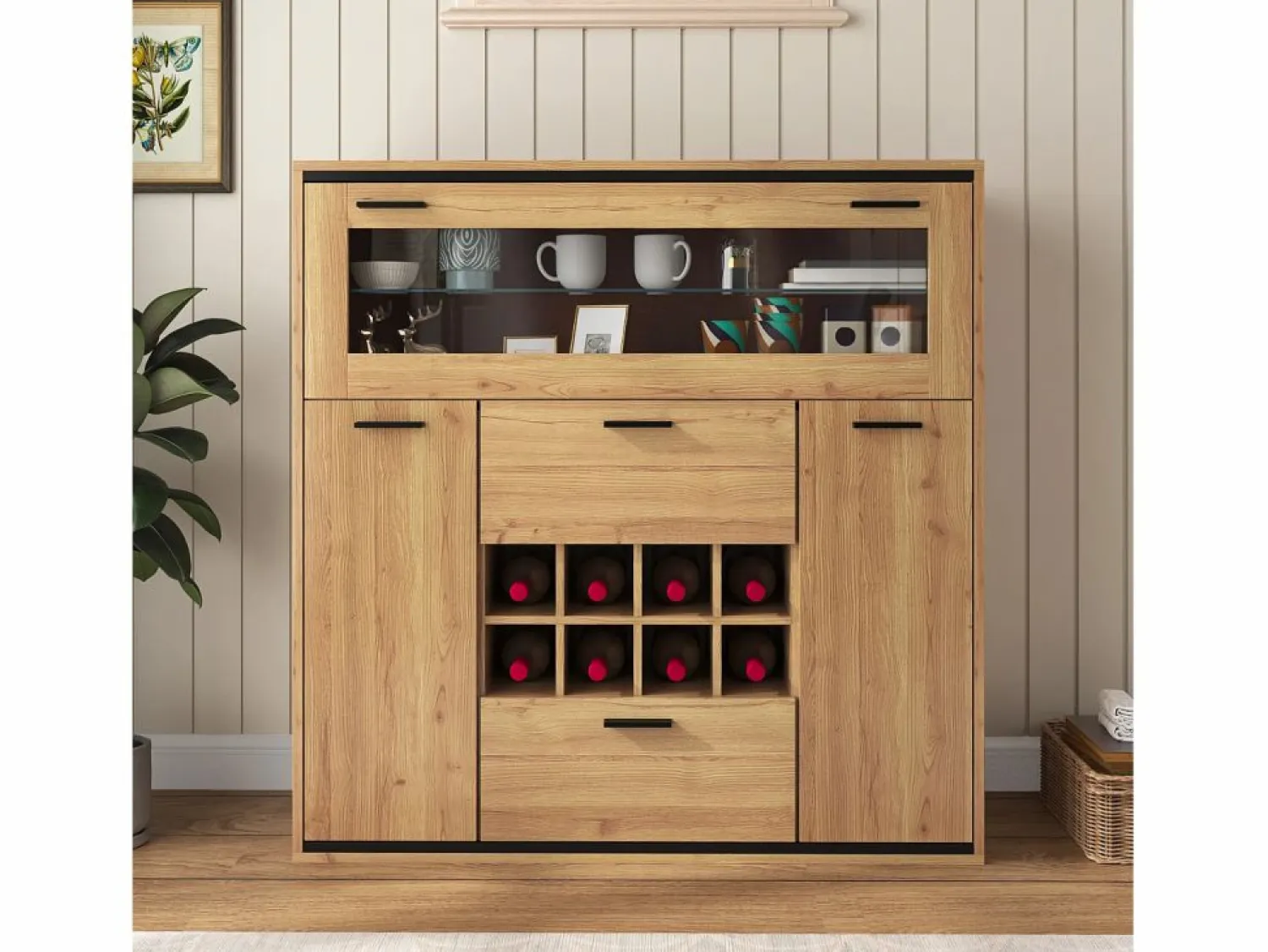 Vitrina moderna con iluminación LED, puertas de cristal, estantes regulables, almacenamiento versátil, MDF, madera + negro (110x38x111 cm)