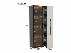 Outlet Vitrina móvil 70x40x160 cm - Estantería - Iluminación LED - 1 puerta de vidrio y 1 cajón - con ruedas - MDF - Negro y blanco Vitrina