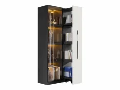 Outlet Vitrina móvil 70x40x160 cm - Estantería - Iluminación LED - 1 puerta de vidrio y 1 cajón - con ruedas - MDF - Negro y blanco Vitrina